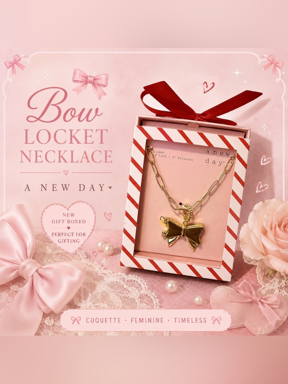A New Day Gold Tone Bow Necklace Large Paperclip Chain NWT